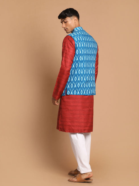 Vastramay Men's Turquoise Cotton Nehru Jacket With Maroon Kurta And Pant Set